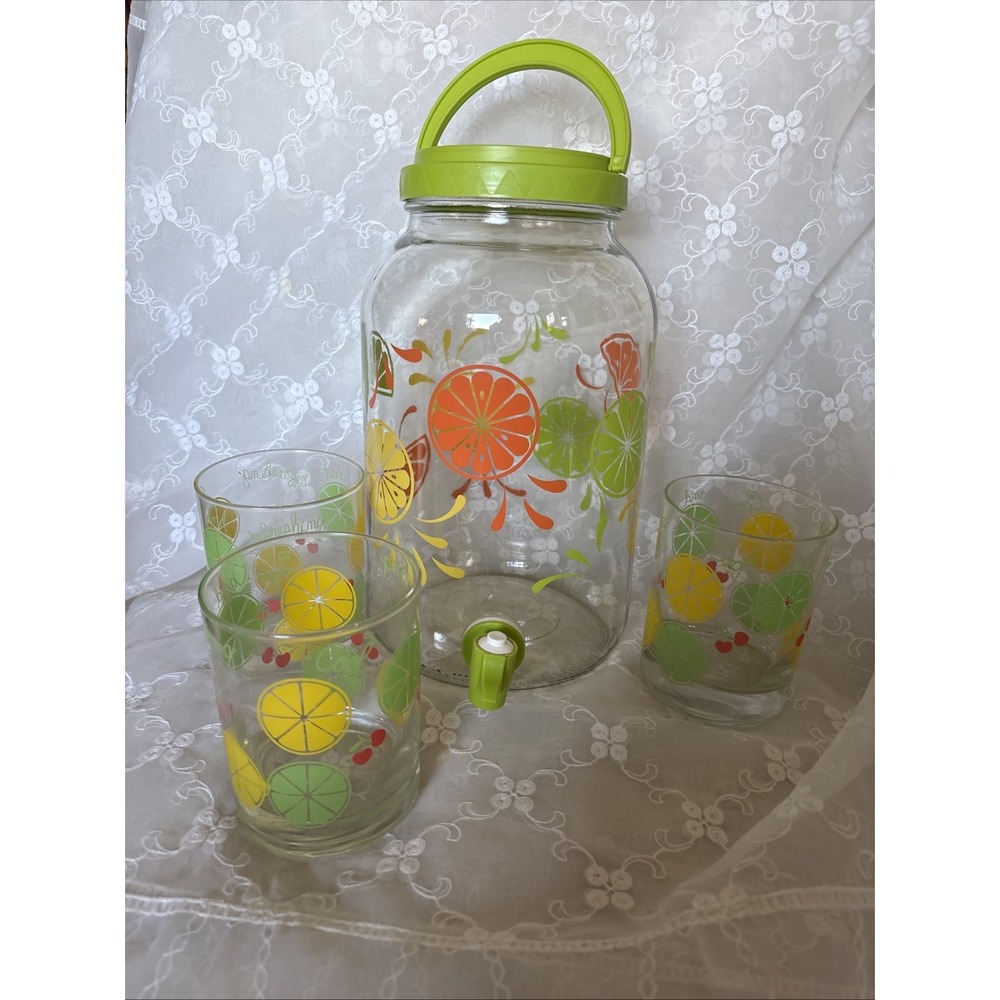 VTG CITRUS Sun Tea Jar, Anchor Hocking Lemonade Beverage Dispenser/3 Glasses